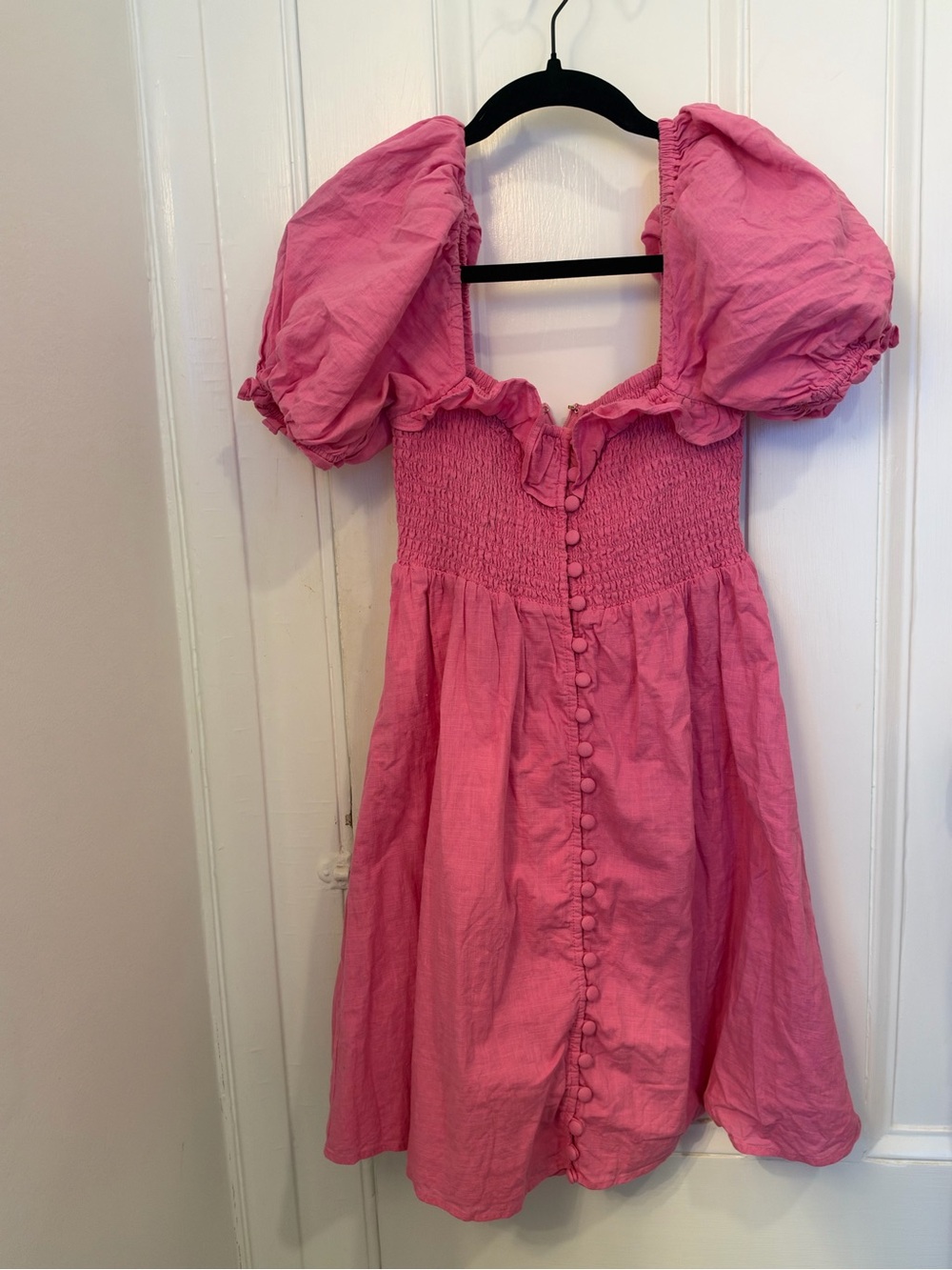 SABO Pink Cotton Off-Shoulder Smocked Puff Sleeve Button-Front Dress XS